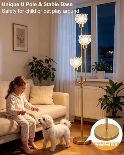 3-Light Glass Floor Lamp 66IN Modern Amber Glass Gold Dimmable Floor Lamps - color: Amber Tulip-Gold