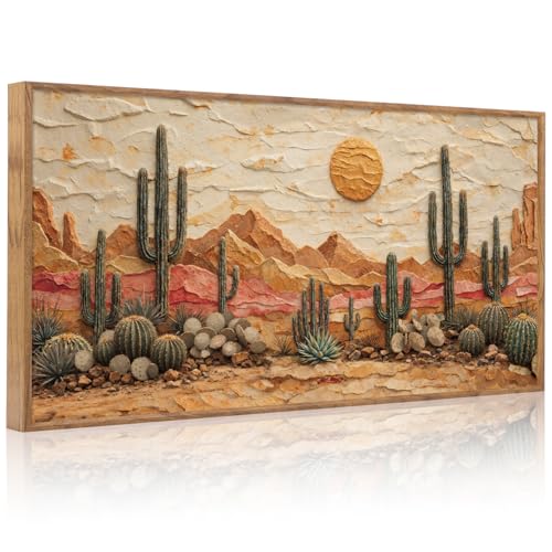 Aurlan 3D Textured Cactus Arizona Desert Framed Canvas Wall Art 40x20 Inch - color: Cactus Desert (3D Textured), size: 40"L x 20"W