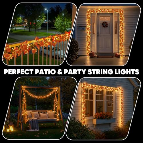 suddus 33 FT 100 LED Fall Garland with Lights Battery Operated Copper Wire - color: Maple, size: 100 LED-Battery