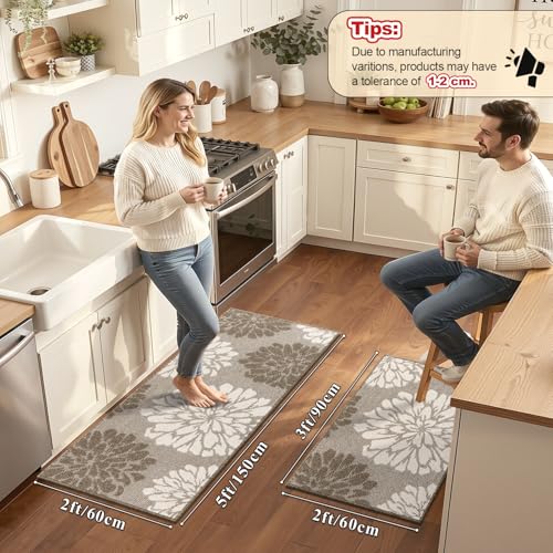 Findosom Kitchen Rugs Sets of 2, Floral Washable Kitchen Runner Rug, Brown - color: Brown, size: 24" x 36" + 24" x 60"