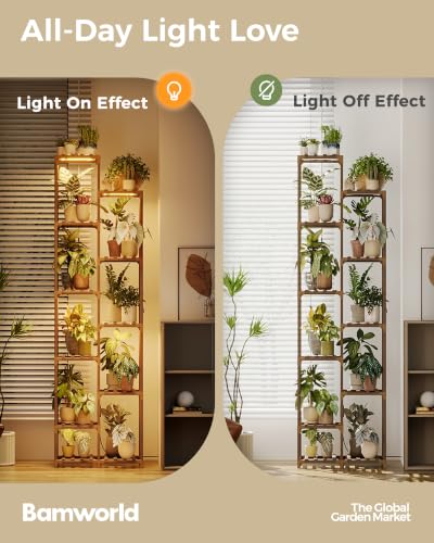 Bamworld Plant Stand with Grow Lights, 11 Tier Tall Large Wood Plant Shelf - color: Brown, size: 11 Tiers - Pro