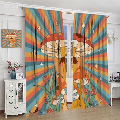 Boho Mushroom Curtains, 1970s Retro Sunset Rainbow Boho Herbs Flowers Blue Yellow Abstract Geometric Print Blackout Window Drapes for Kids Bedroom Living Room 42x45 Inch - color: Retro Mushroom-3, size: 21"W x 45"L (Pack of 2)