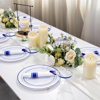 WELLIFE 210 Piece Blue Disposable Dinnerware Set,Plastic Plates for Party, Include: 30 Dinner Plates, 30 Dessert Plates, 30 Pre Rolled Napkins with Gold Silverware and 30 Gold Cups - color: Blue, style: 210PCS（30 Guests）