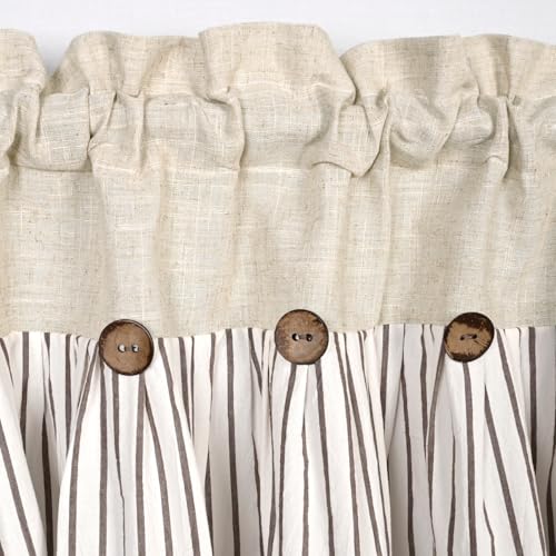 DOSLY IDÉES Farmhouse Rustic Linen and Cotton Valance, Brown Striped Pleated Design with Coconut Buttons, Multi-Room Window Treatment for Kitchen, Living Room, Bedroom, 52" W x 18" L - color: Linen & Brown Striped, size: 52"W x 18"L (Pack of 1)