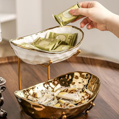 2-Tier Fruit Bowls for Kitchen Counter,Ceramic Bowl with Gold Metal Stand,2 Tier Fruit Basket for Fruit,Snack,Cake,Nuts,Dessert Space Saving Storage - color: Gold