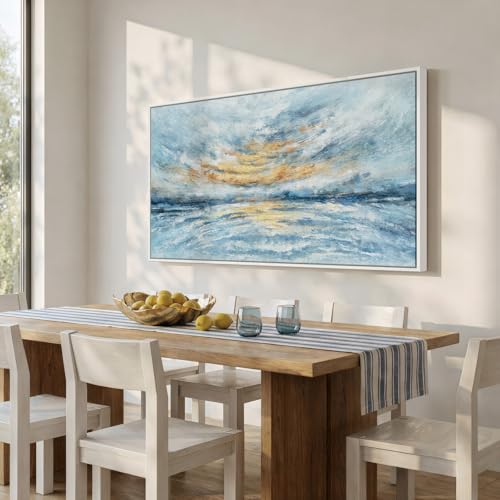 Extra Large Framed Blue Abstract Coastal Wall Art for Living Room, 36x72 In - color: Blue and Gold B, size: 72"L x 36"W