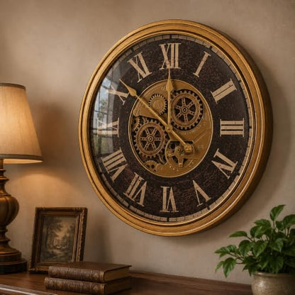 Large Real Moving Gears Wall Clock 24 Inch,Roman Antique Brass Brown - color: 24 Inch Roman Antique Brass Brown