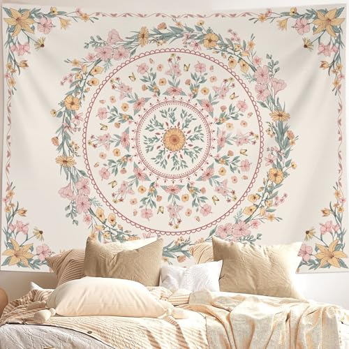 Neasow Bohemian Tapestry Wall Hanging, Beige Pink Floral Tapestry with Wild Flower Medallion Print Bedroom Boho Home Decor, White Wreath 36×48 inch - color: WhiteWreath, size: 48"L x 36"W