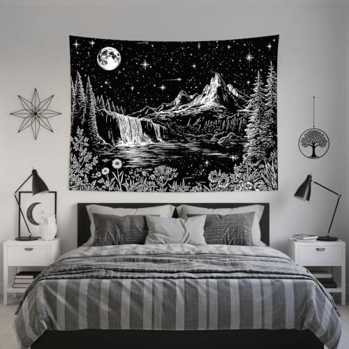 Accnicc Black and White Forest Mountain Tapestry 48x36 Inch - color: Black and White Waterfall, size: 48"L x 36"W