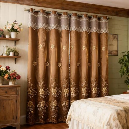 Amidoudou 1 Pair European Double Layer Curtains for Living Room Bedroom Luxury Flower Embroidered Curtains with Valance (Brown,52x90 Inch) - color: Brown, size: 52"W x 90"L (Pack of 2)