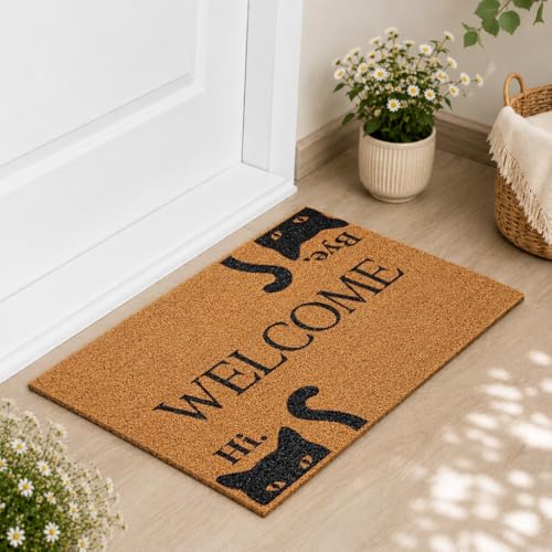 Welcome Coir 도어 매트 외부 및 실내 입구, 현관 야외 매트, 웰컴 홈 데코, 다채로운 야외 코이어 도어매트 현관 파티오 - 블랙 고양이 디자인, 라지 61 x 91.4cm(24 x 36인치) - color: Black Cats 디자인, size: 2' x 3' (Rectangular)