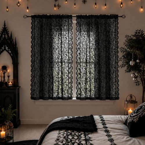 ALIGOGO Black Lace Curtains for Bedroom, Gothic Style, 52W x 63L Inch - color: Black, size: 52"W x 63"L (Pack of 2)