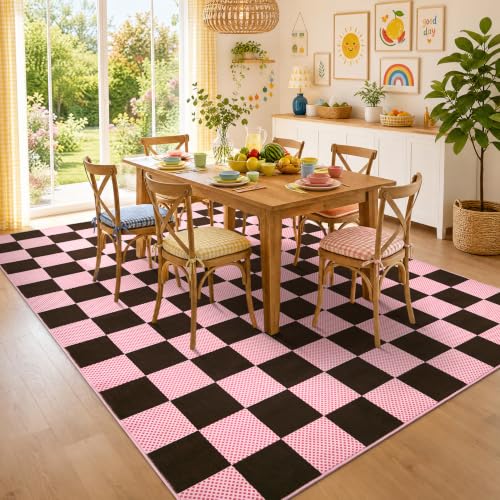 GarveeHome Checkered Brown Pink 8x10 Washable Rug for Living Room Bedroom - color: Brown Pink, size: 8' x 10' (Rectangular)