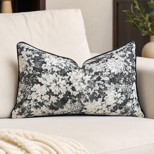 Alerfa Black Neutral Floral Pillow Cover 12 x 20 Inch, Vintage Chenille Rectangle Couch Pillow Cover Soft Decorative Farmhouse Accent Pillowcase for Living Room Bedroom - color: Black, size: 20" x 12" (Pack of 1)