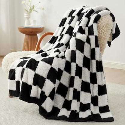 Snuggle Sac Faux Fur Checkered Blanket Twin Size with Soft Knitted Microfiber Fabric,Cozy Soft Warm Blanket for Sofa Bedroom Living Room,Black Checker,60x80 inches - color: Black White, size: Twin(60"x80")