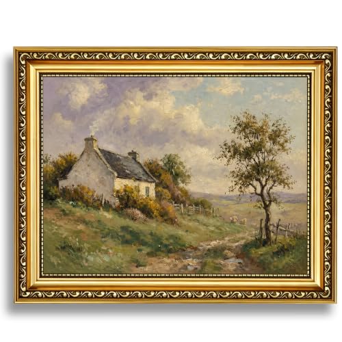 Vintage Framed Canvas Wall Art Decor, Retro Countryside Landscape Painting, Farmhouse Rustic Artwork Pictures for Kitchen Living Room - color: Outside the Cottage, size: 8*10