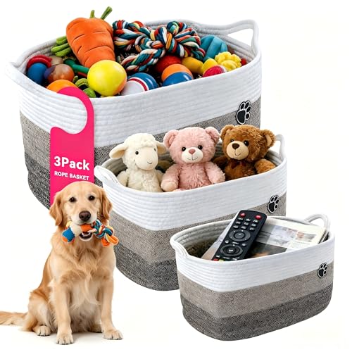 3Pack Storage Basket Set (S/M/L), Rope Basket with Handles, Machine Washable, Dog Toy Bin for Pet Toy Storage, Toys Nursery, Home Storage, White, Brown