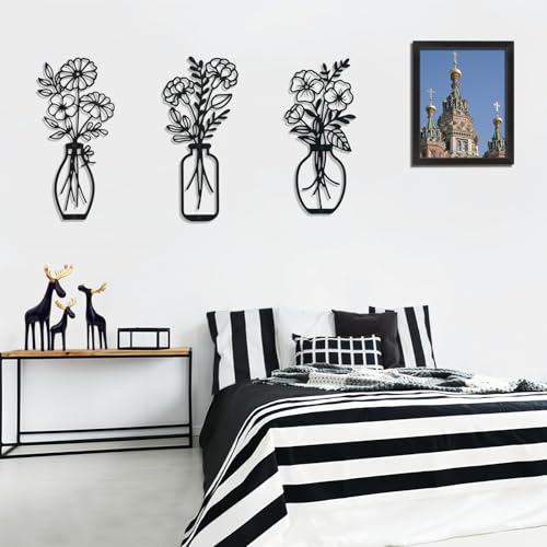 Lcaughsy Metal-Wall-Art Decoration - Metal Wall Decor Floral and Picture Frame For Living Room, 3 Pcs Hanging Wall Decor Art for Home Dining Room Bedroom Kitchen Farmhouse, Black
