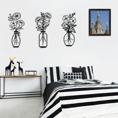 Lcaughsy Metal-Wall-Art Decoration - Metal Wall Decor Floral and Picture Frame For Living Room, 3 Pcs Hanging Wall Decor Art for Home Dining Room Bedroom Kitchen Farmhouse, Black
