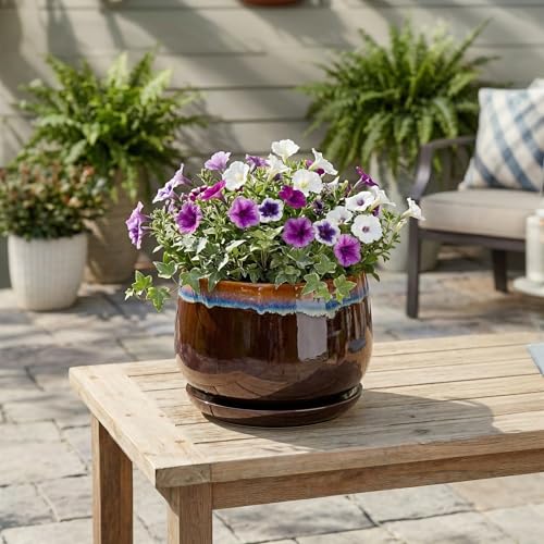9 Inch Flower Pots - Ceramic Planter with Drainage Hole and Saucer, Decorative Ceramic Pots for Indoor Plants, Round Plant Pot, Garden Home Living Room Decor, Housewarming Gifts, Brown-Blue - size: 9 Inch, style: Brown-blue