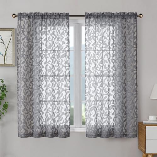 OWENIE Leyna Charcoal Gray Sheer Curtains 54 Inch Length 2 Panels Set, Soft Airy Clip Jacquard Light Filtering Curtains for Bedroom Living Room, Elegant Leaf Textured Window Drapes, 40Wx54L Inches - color: Charcoal Gray, size: 40"W x 54"L (Pack of 2)
