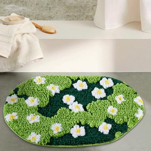 Cute Green Floral Bath Mat Microfiber Grass Bathroom Rug 20''W x 32''L Non Slip Washable, Modern Chic Boho Aesthetic Trendy Shaggy Bathroom Shower Floor Mat Absorbent - size: 20''W x 32''L