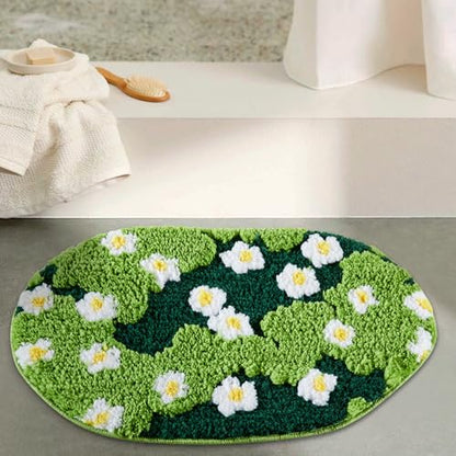 Cute Green Floral Bath Mat Microfiber Grass Bathroom Rug 20''W x 32''L Non Slip Washable, Modern Chic Boho Aesthetic Trendy Shaggy Bathroom Shower Floor Mat Absorbent - size: 20''W x 32''L