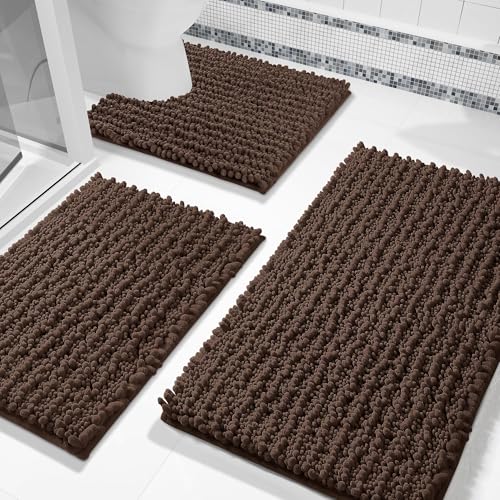 Yimobra Brown Bathroom Rug Set 3 Piece, Super Water Absorbent Bath Mat Set - color: Brown, size: 24"x17" + 24"x20" + 30"x20"