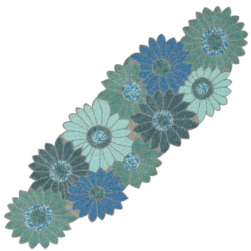 ALPHA Living HOME Blue Beaded Runner 13x36 Inch Glass Beads Table Decor - color: Teal/Sky Blue