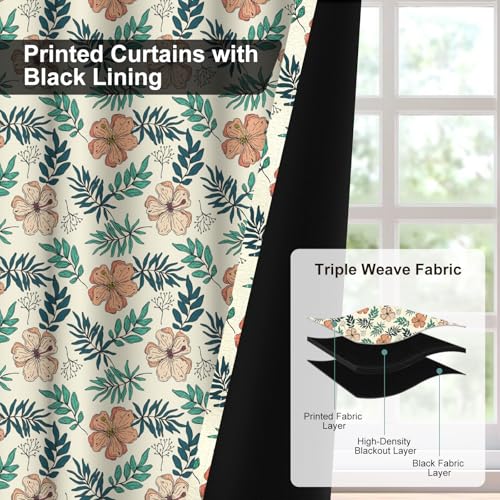 Spring Floral Blackout Curtains for Bedroom and Living Room, Farmhouse Thermal Insulated Black Out Curtains 84 Inch Length 2 Panels Set, Room Darkening Privacy Soundproof Curtains with Two Tiebacks - color: Flowers and Leaves
