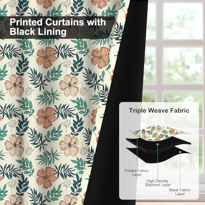 Spring Floral Blackout Curtains for Bedroom and Living Room, Farmhouse Thermal Insulated Black Out Curtains 84 Inch Length 2 Panels Set, Room Darkening Privacy Soundproof Curtains with Two Tiebacks - color: Flowers and Leaves