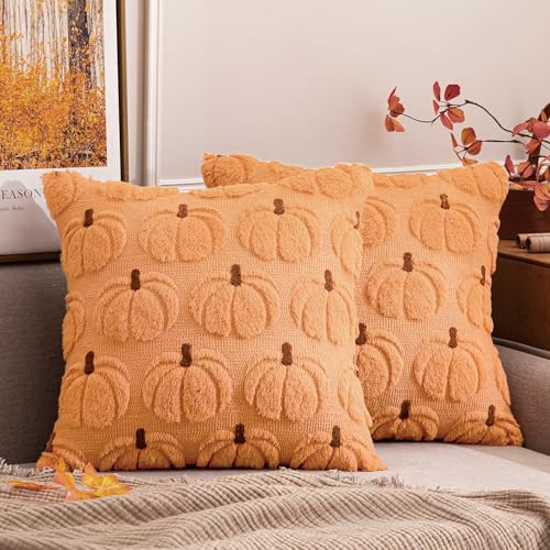 MIULEE Fall Pumpkin Pillow Covers Fall Decor Light Orange Stem 18x18 - color: Light Orange Stem, size: 18" x 18" (Pack of 2)