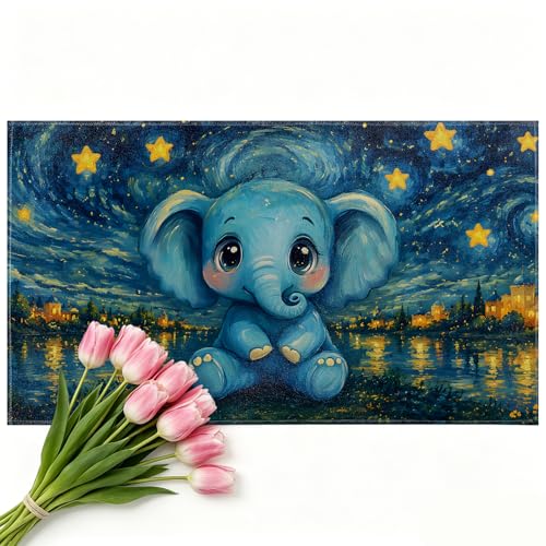 Sweet Elephant Door Mat Indoor 17x29.5 Inch, Cartoon Night Sky Doormat for Kitchen Bathroom, Star Print Decorative Floor Pad Gifts, Nonwoven Entry Rug, Non Slip Dot Plastic Backing - color: Elephant