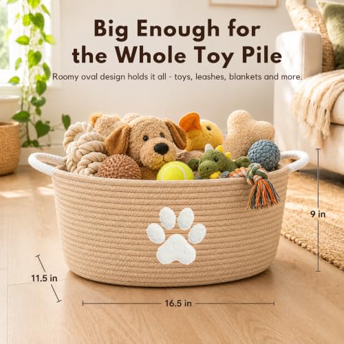 Dog Toy Basket with Handles, Boho Cotton Rope Storage Bin Organizer - color: Khaki / White Paw