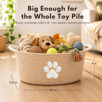 Dog Toy Basket with Handles, Boho Cotton Rope Storage Bin Organizer - color: Khaki / White Paw