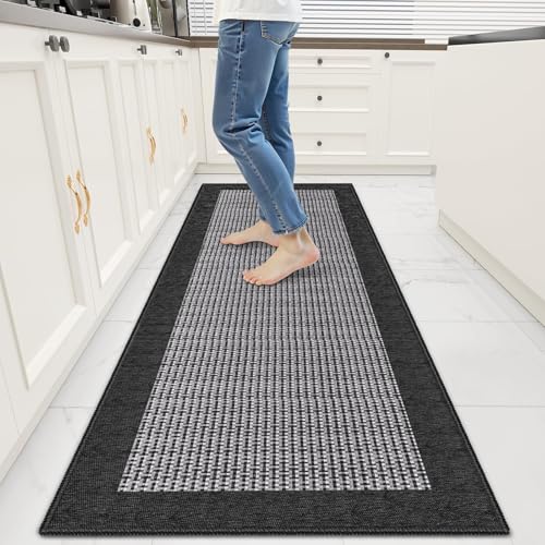 StepRite Kitchen Rugs, Kitchen Mats for Floor, 60"x20" Non-Slip Machine-Washable Kitchen Throw Rug, Absorbent Runner Rugs Office, Sink Standing Desk Mat, Decor Carpet, Black - color: Black, size: 60"x20"