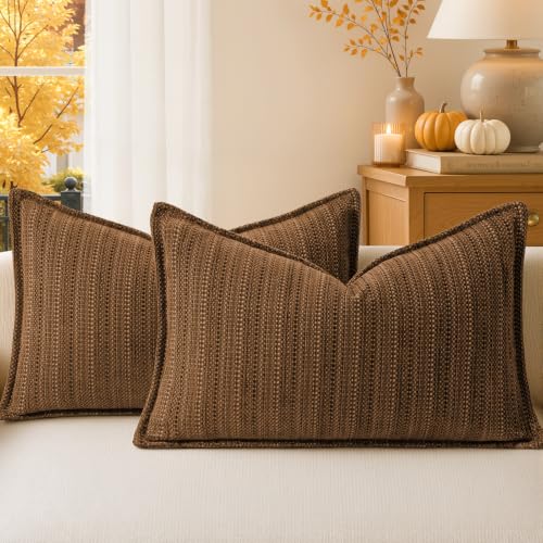 a moment Brown Designer Textured Throw Pillow Covers 12x20 Set of 2 Vertical Striped Chenille Cushion Covers Decorative Pillowcases for Couch Sofa Bed Living Room Boho Farmhouse Home Decor - color: Brown, size: 20" x 12" (Pack of 2)