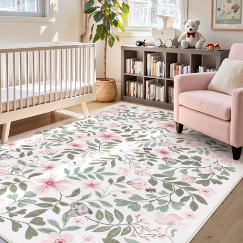 Lahome Pink Girls Nursery Rug, 5x7 Floral Baby Girls Rugs for Bedroom - color: Pink Floral, size: 5' x 7' (Rectangular)