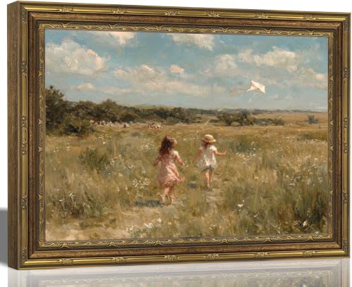 Vintage Gold Framed Wall Art, Girls Flying Kite Canvas Print, 16x12 In - color: Framed-girl, size: 16"L x 12"W