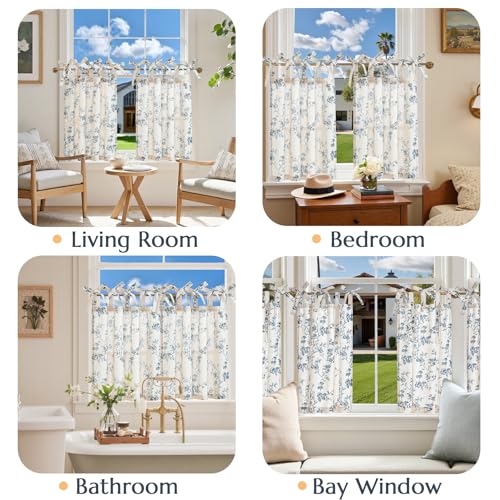 jinchan Blue Floral Kitchen Tier Curtains Alisa 24 Inches Tie Top 2 Panles - color: Alisa Blue on Linen, size: 26"W x 24"L (Pack of 2)