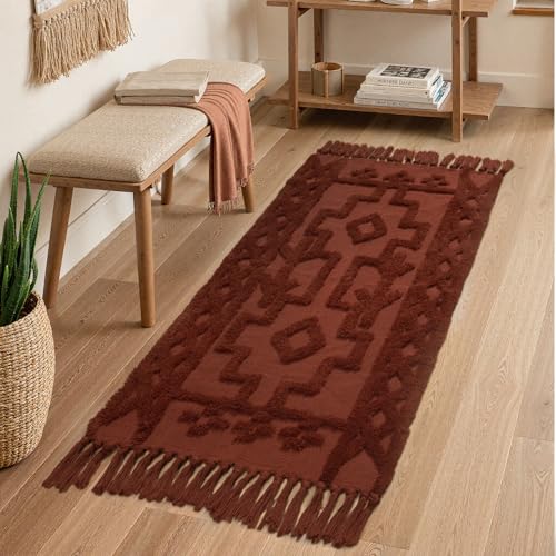 Uphome Boho Bathroom Runner Rug 2' x 4.3', Washable Woven Cotton Bedroom Runners, Terracotta Aesthetic Tufted Entryway Runner Rugs, Bohemian Tribal Throw Rug for Bedside Living Room Laundry Kitchen - color: Terracotta, size: 2' x 4.3' (Runner)