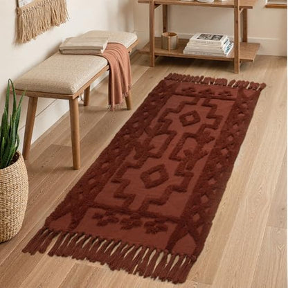 Uphome Boho Bathroom Runner Rug 2' x 4.3', Washable Woven Cotton Bedroom Runners, Terracotta Aesthetic Tufted Entryway Runner Rugs, Bohemian Tribal Throw Rug for Bedside Living Room Laundry Kitchen - color: Terracotta, size: 2' x 4.3' (Runner)