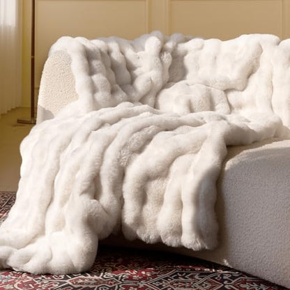 Ultra Soft Cozy Faux Fur Throw Blanket, Fuzzy Plush Thick Bubble Blanket, Luxury Fluffy Blanket for Couch, Sofa, Bedroom, and Living Room, 50x60 Inches, Cream White - color: Cream White, size: Throw(50" X 60")
