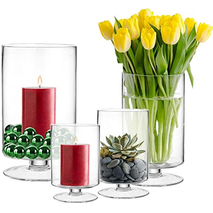CYS EXCEL Glass Hurricane Pillar Candle Holder (H:13.5" W:8") | Multiple Size Choices Short Stem Candle Centerpieces | Stemmed Glass Cylinder Candle Vase - size: H-13.5" W-8"