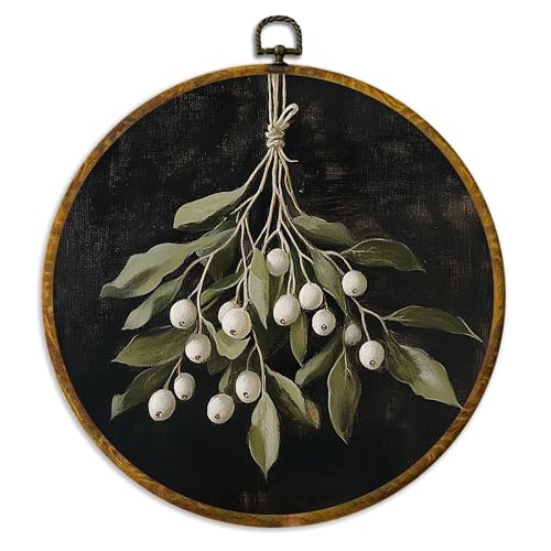 XPH Vintage Moody Christmas Round Wall Art Framed, Dark Academia Mistletoe Circle Wall Decor, Winter Cottagecore Botanical Hanging Canvas Prints for Home Bedroom Living Room Decoration, 10x10 Inch - color: Christmas 18