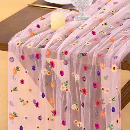 Flower Table Runner Fall Daisy Floral Tulle Cheesecloth Wedding Decor - color: Daisy Pink, size: 10ft X 1pc