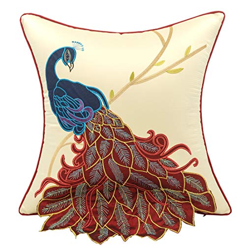 vctops Embroidered Peacock Decorative Throw Pillow Case Silky Satin Cushion Cover Red1 18"X18" - color: Red1, size: 18" x 18" (Pack of 1)