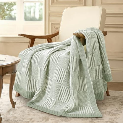 Amélie Home Checkered Knit Throw Blanket for Couch, Sage Green 50"x60" - color: Checkered Sage Green, size: 50" X 60"