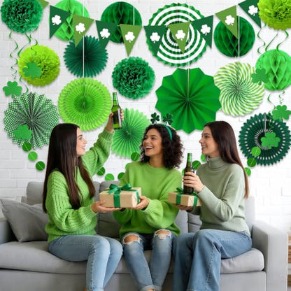 24 Pcs Green Birthday Decorations Kit, Paper Fans Pom Poms Banner 8-16 in - color: Green 2