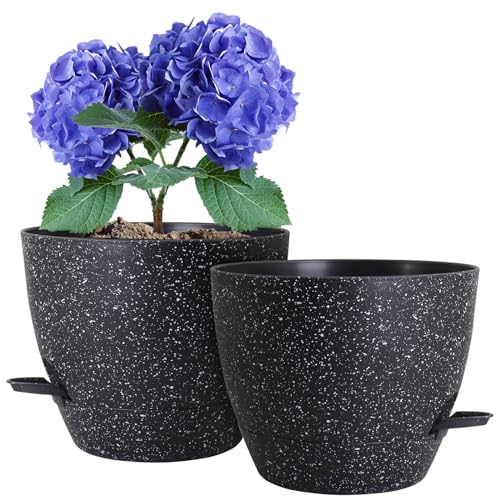 WSMKSZ 10 inch Self Watering Pots, Planter, Plant Pots with Mesh Drainage Holes for Indoor Outdoor House Plants and Garden, Pack of 2 Plastic Flower Pots with Deep Reservoir, Speckled Black - color: Speckled Black, size: 10inch 2pcs